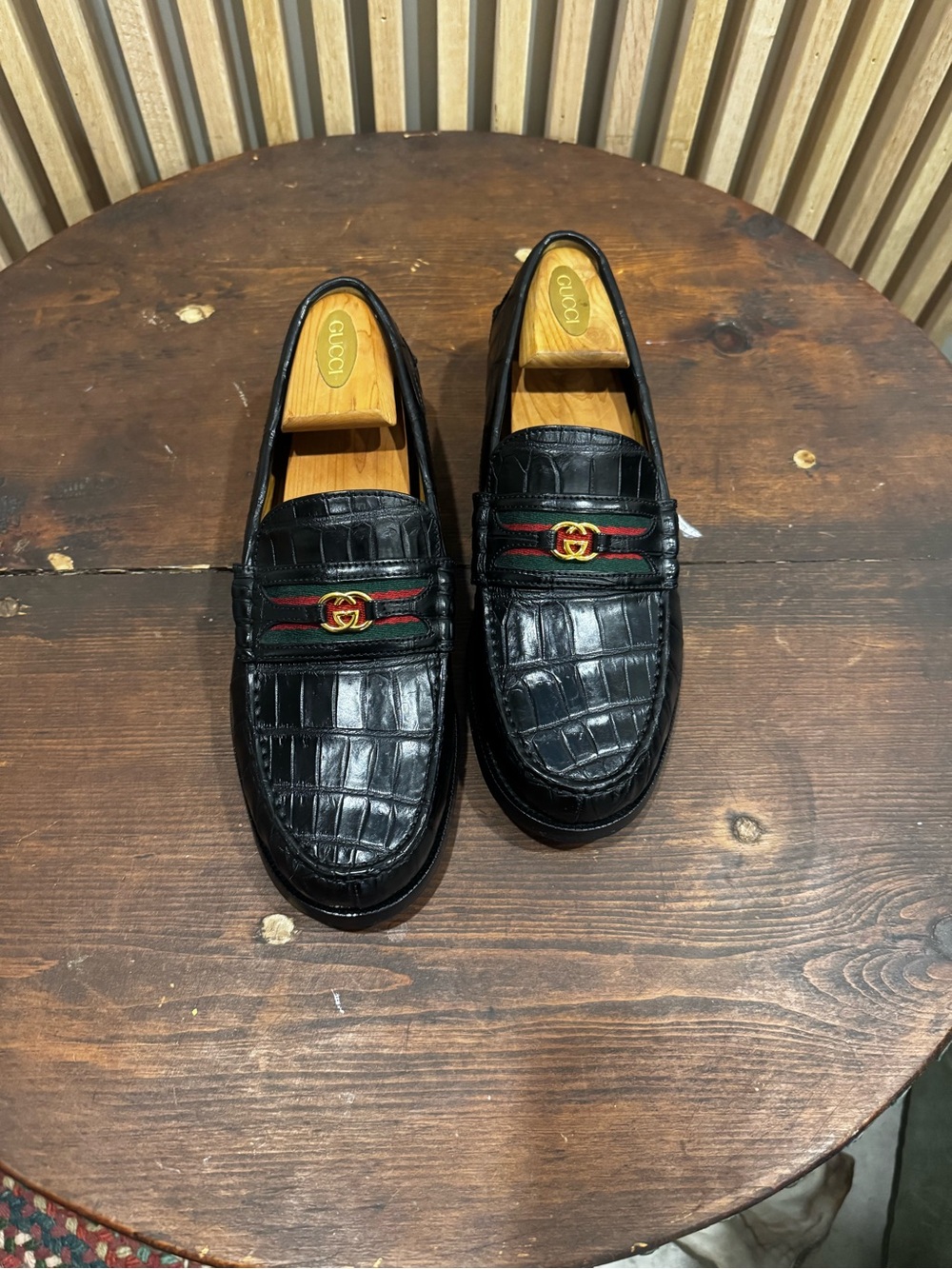 Gucci Black Croc-Embossed Leather Loafers with Red-Green Web and Gold GG